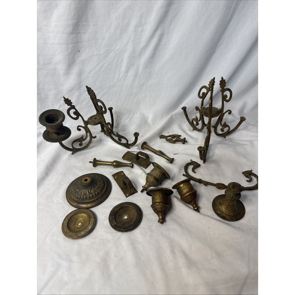 VTG Brass Hardware Antique Candelabra Assorted Lot 15+ Finial Ornate Scroll Pull